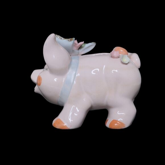 Vintage Lefton Cottagecore Kitsch Ceramic 3D Flower Pink Pig Piggy Coin Bank - Picture 3 of 12